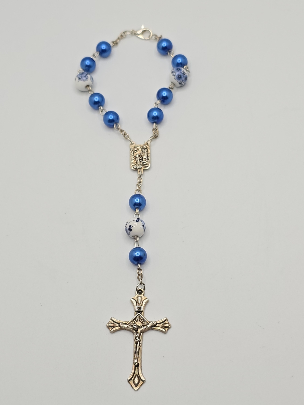Vintage Blue Beaded Rosary Bracelet Crucifix Virgin Mary Floral Beads 6.75"